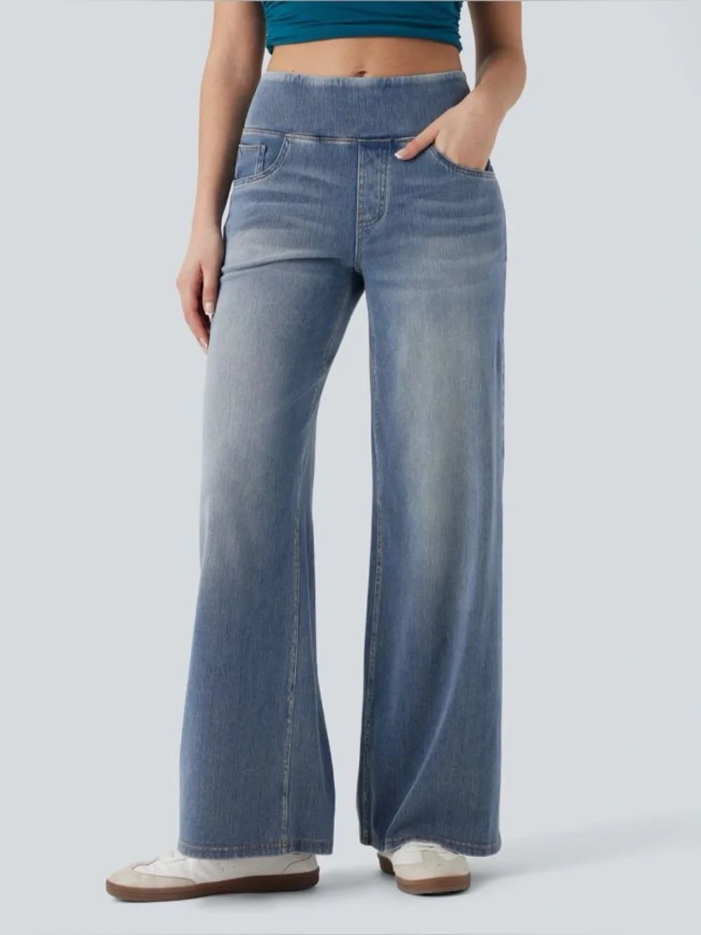 NWT Halara Tide Blue Denim Flex™ Mid Rise Tummy Control Baggy Wide Leg Pant MP